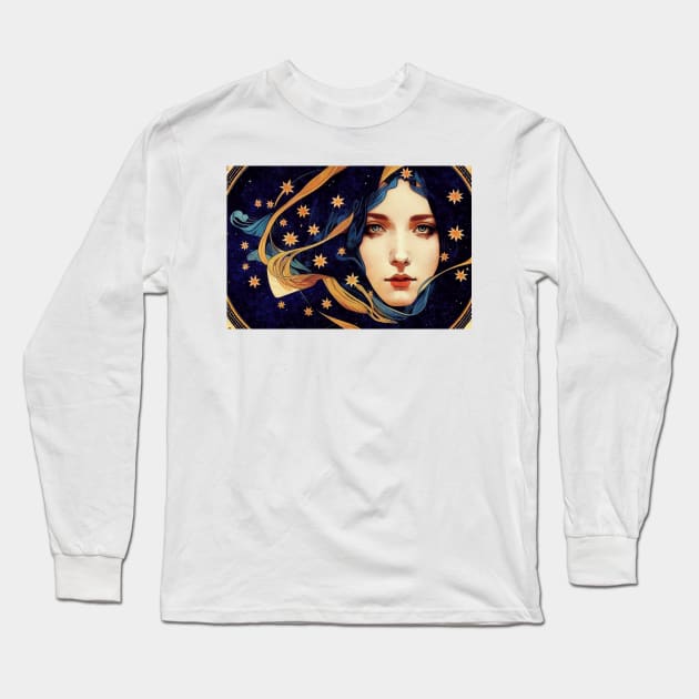 Goddess of The Stars, Art Nouveau, Vintage, Mucha, Gilded Age Long Sleeve T-Shirt by AllRealities